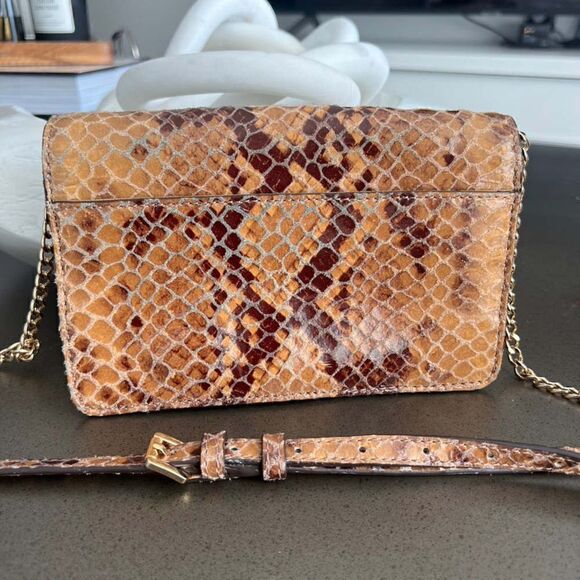 MICHAEL KORS Snake Leather Print Brown Gold Color Crossbody Bag Mini - Picture 8 of 9